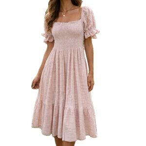 NWT o.p.t. Pink Gingham Plaid Smocked Short Sleeve Midi Dress, Medium